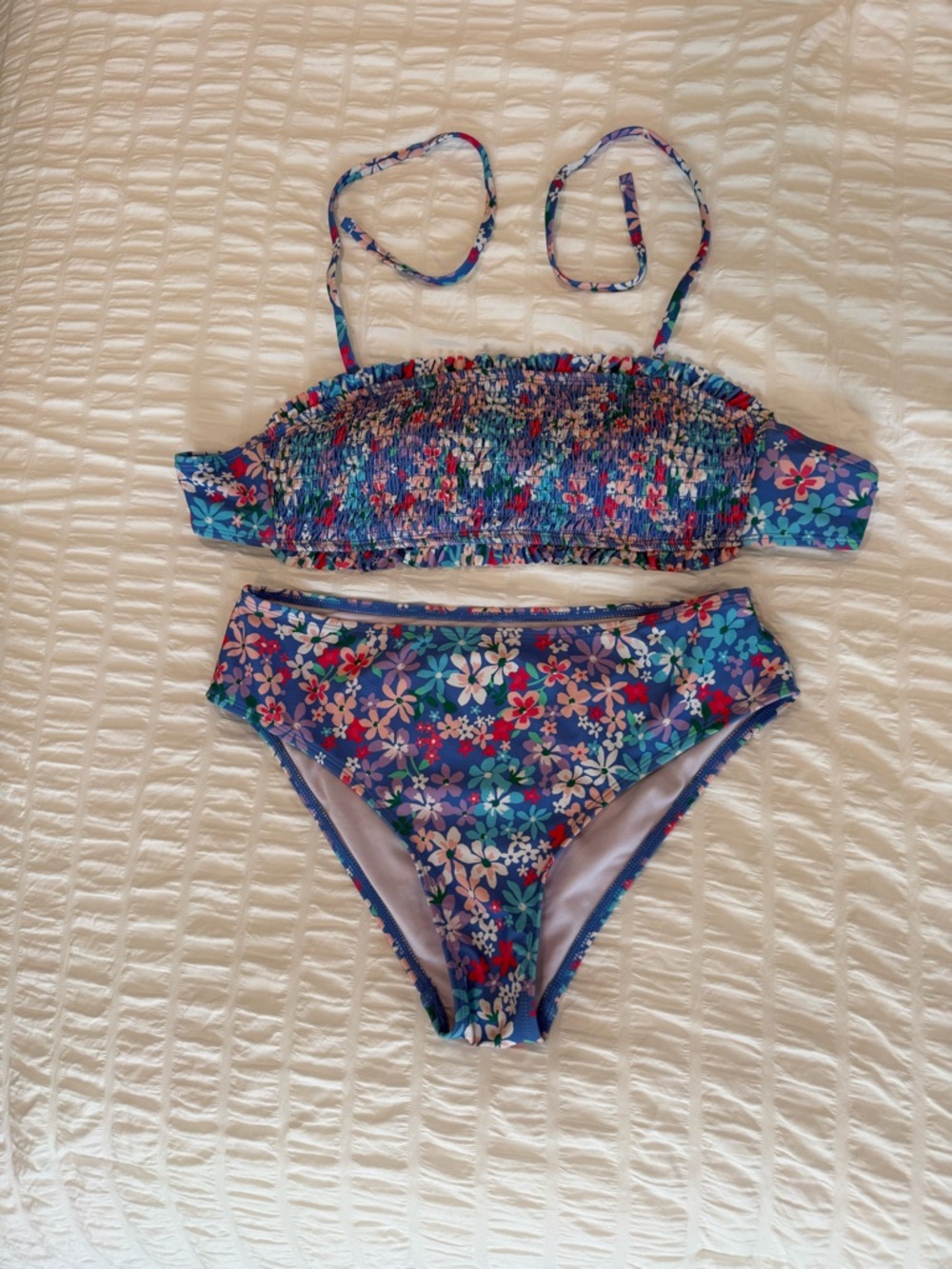 Blue Floral Smocked Bikini Set